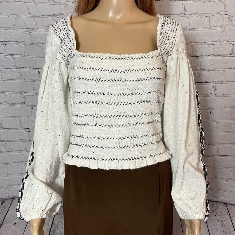 NWT New $148 Free People Maggie Embroidered Shirred Ivory Blouse Top Size M